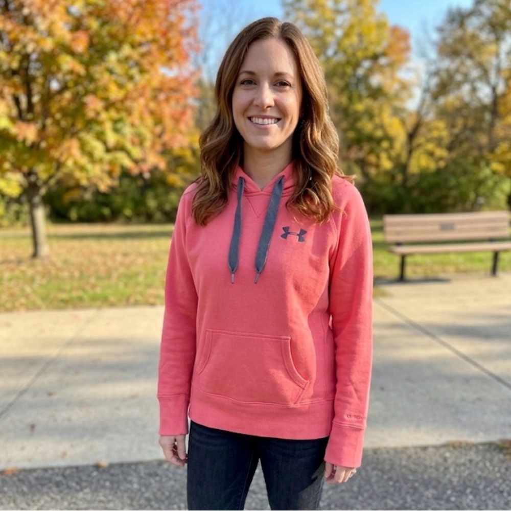 Under Armour Coral Pink Pullover Hoodie with Gray Drawcords